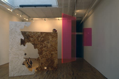 Installation view of Lothar Hempel's show titled "America Disappears Only the Smile Remains," featuring plexiglass works, wood cutouts, and other photocollages. Hanging plexiglass and wooden work featured.