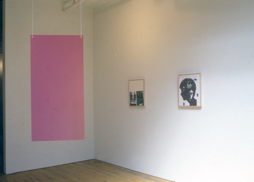 Installation view of Lothar Hempel's show titled "America Disappears Only the Smile Remains," featuring plexiglass works, wod cutouts, and other photocollages.