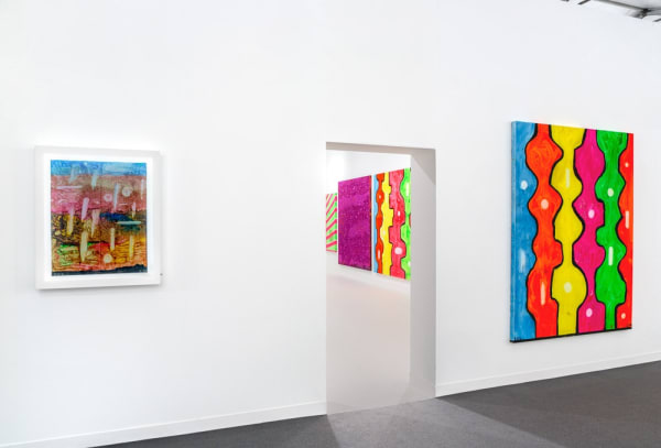 Installation view of Chris Martin's solo exhibition at Frieze London 2015. A few works featured.