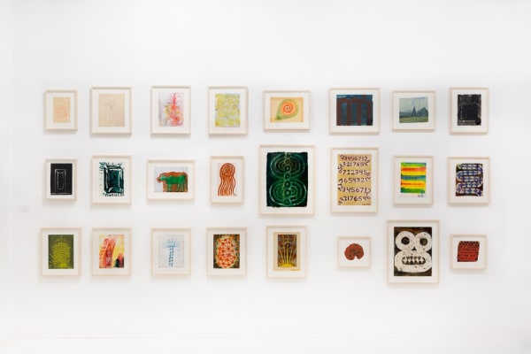Installation view of Chris Martin's solo exhibition at Frieze London 2015. More small-scale works.
