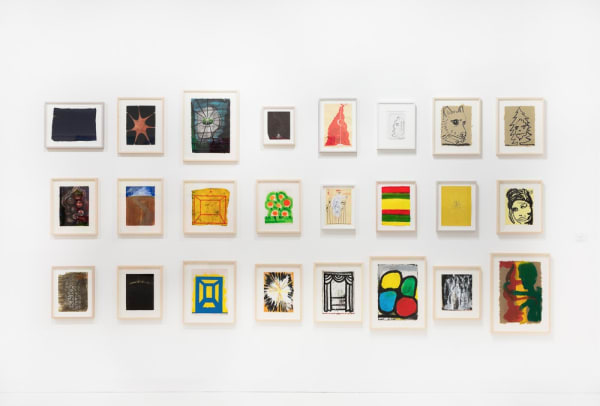 Installation view of Chris Martin's solo exhibition at Frieze London 2015. Small-scale works featured.