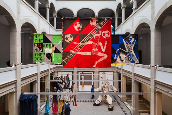 Installation view of Lara Schnitger's show at Basel Parcours, featuring a large body of works as well as a procession through Mezzeplatz.