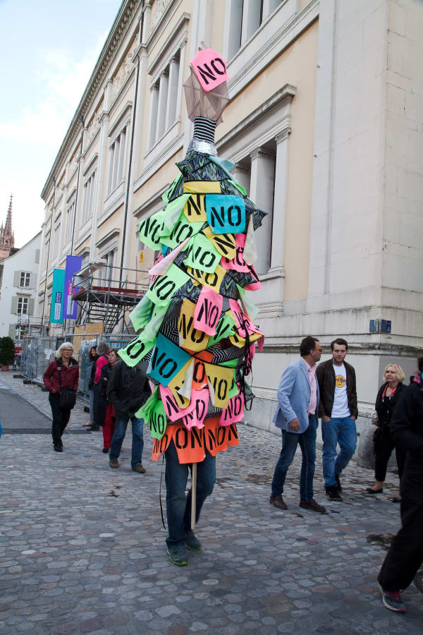 Installation view of Lara Schnitger's show at Basel Parcours, featuring a large body of works as well as a procession through Mezzeplatz. A single work featured.