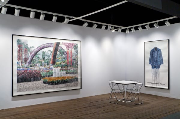 Installation view of Marcel Odenbach's presentation of works at ADAA 2015. Another angle of China collage and Es lauft und lauft und lauft.