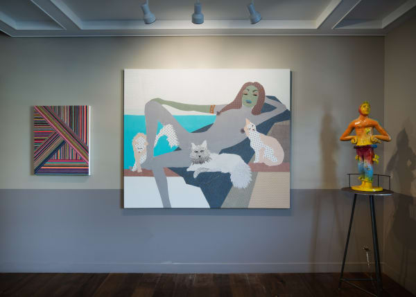 Installation views during Felix Art Fair. Mix of paintings and sculptures by various artists, including Lara Schnitger, Mark Grotjahn, and others.