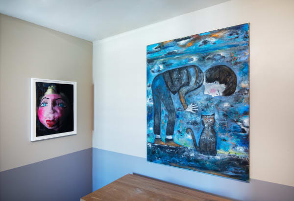 Installation views during Felix Art Fair. Mix of paintings and sculptures by various artists, including Lara Schnitger, Mark Grotjahn, and others.