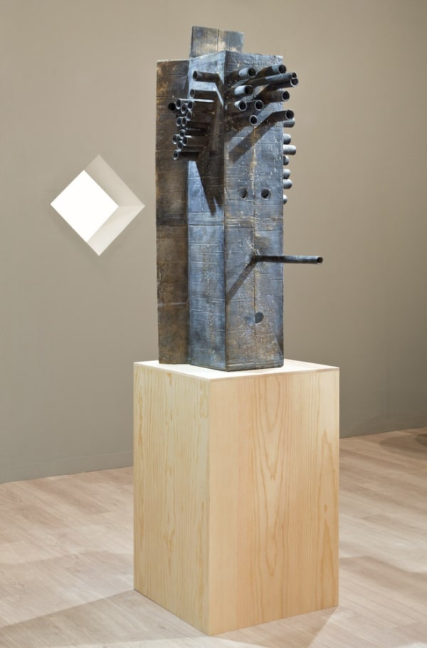 Installation view of Anton Kern Gallery's booth at Frieze London 2014. The show featured Mark Grotjahn and Tabwa Masks. Detail of one of Mark Grotjahn's sculptures.