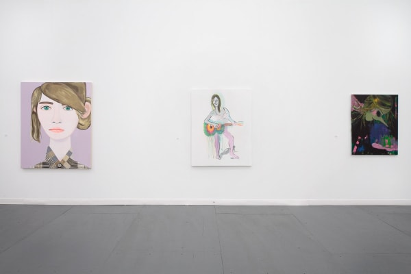 Installation view of the Anton Kern booth at Frieze New York 2012. From left to right, Brian Calvin, Dan McCarthy, and Ellen Berkenblit featured.