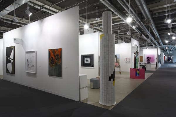 Installation view of the Anton Kern booth at Basel 2009. View from the exterior, featuring Manfred Pernice sculpture.