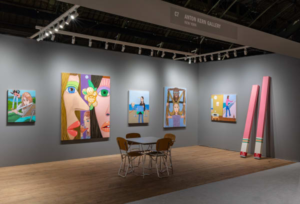 Brian Calvin's solo booth, with 5 paintings and sculpture.