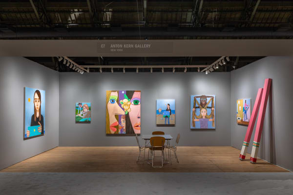 Brian Calvin's solo booth, with 5 paintings and sculpture.