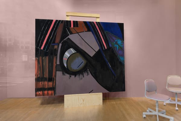 Close-up featuring Ellen Berkenblit's new painting against a pink ground.