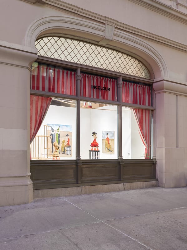 Installation view of the 2022 exhibition “Ryan Wilde's Circus of Solitude” at WINDOW with exterior view of floors, walls, artworks and ceiling.