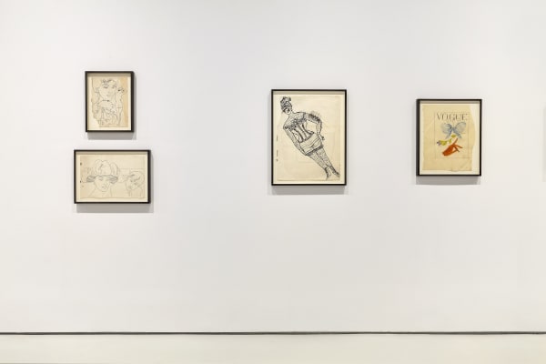 Installation view of Andy Warhol drawings from the 1950's. Four more drawings presented here.