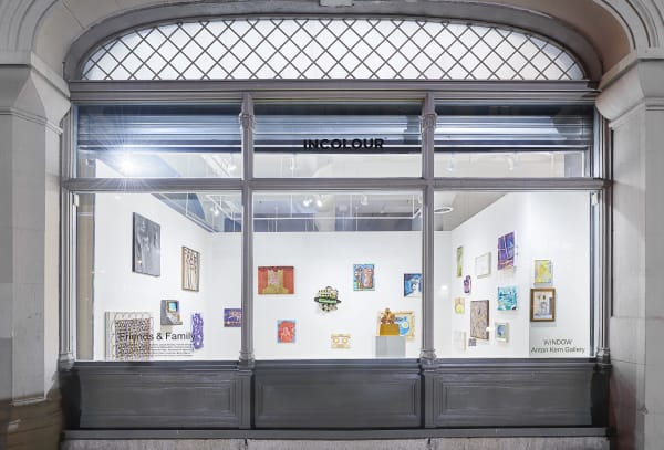Installation view of the 2023 exhibition “Friends & Family” with exterior view of wood floors, walls, artworks and ceiling.