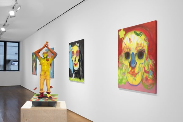 Installation view of the 2023 exhibition “Alessandro Pessoli: Pluto is my Master” with view of wood floors, walls, artworks and ceiling.