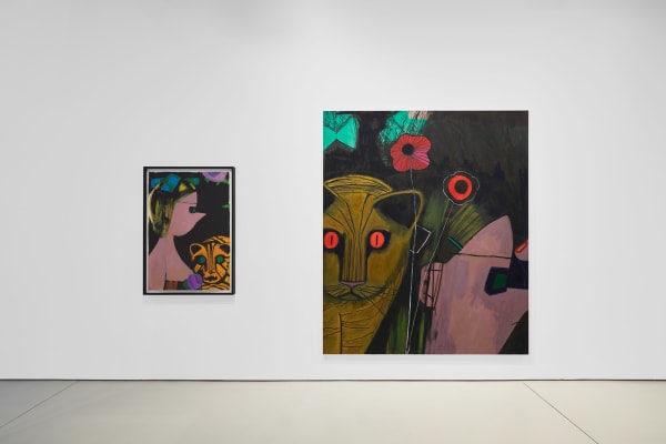 Installation view of the 2023 exhibition “Ellen Berkenblit: Norton” with view of white floors, walls, artworks and ceiling.