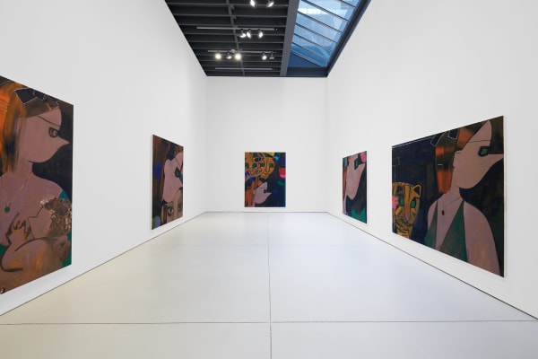 Installation view of the 2023 exhibition “Ellen Berkenblit: Norton” with view of white floors, walls, artworks and ceiling.