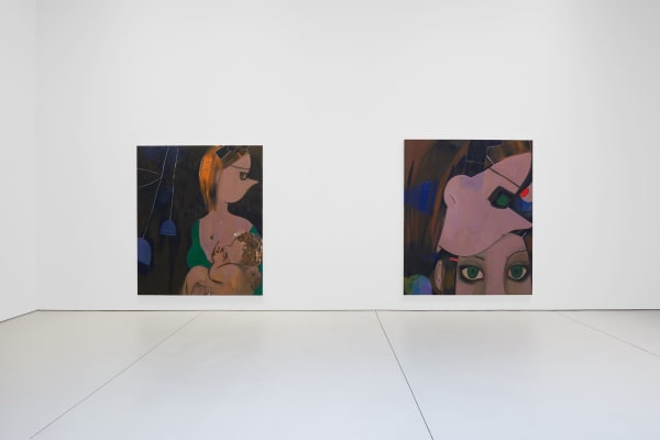 Installation view of the 2023 exhibition “Ellen Berkenblit: Norton” with view of white floors, walls, and artworks.