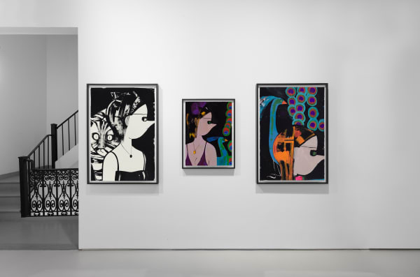 Installation view of the 2023 exhibition “Ellen Berkenblit: Norton” with view of white floors, walls, and artworks.