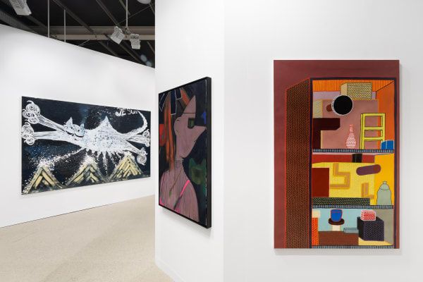 Installation view of Art Basel 2023 booth K10 with view of floors, walls, artworks and ceiling.