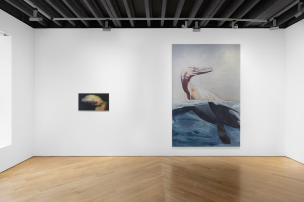 Installation view of the 2023 exhibition “Eberhard Havekost: Paintings 1998-2016” with view of wood floors, walls, artworks and ceiling.
