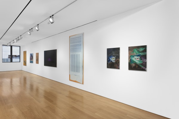 Installation view of the 2023 exhibition “Eberhard Havekost: Paintings 1998-2016” with view of wood floors, walls, artworks and ceiling.