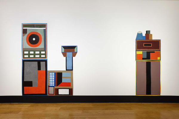 Nathalie Du Pasquier's solo exhibition at the gallery featuring colorful geometric works. Two works shown,