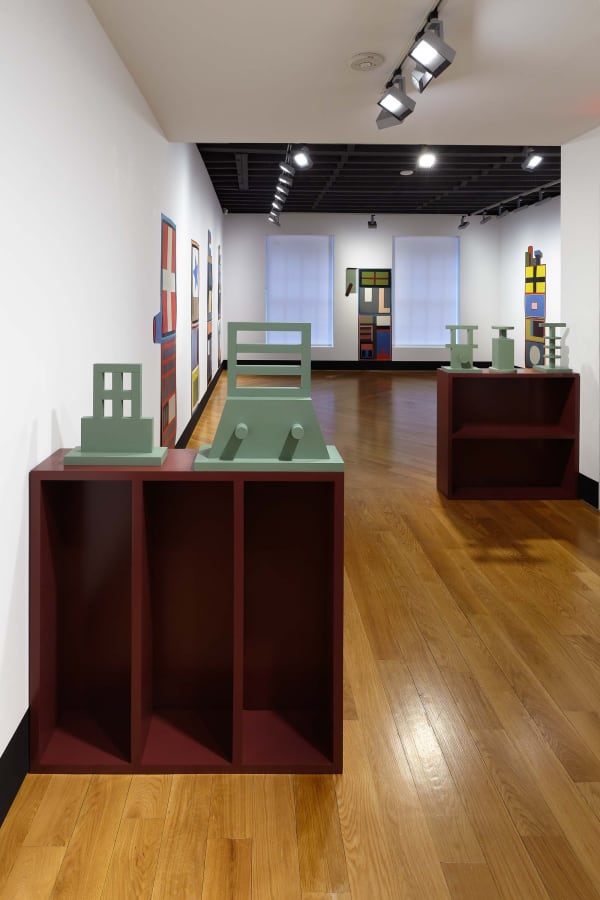 Nathalie Du Pasquier's solo exhibition at the gallery featuring colorful geometric works. A few wooden works presented.