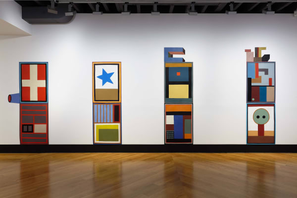Nathalie Du Pasquier's solo exhibition at the gallery featuring colorful geometric works. Two additional geometric works presented.