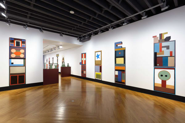 Nathalie Du Pasquier's solo exhibition at the gallery featuring colorful geometric works. Multiple works shown,