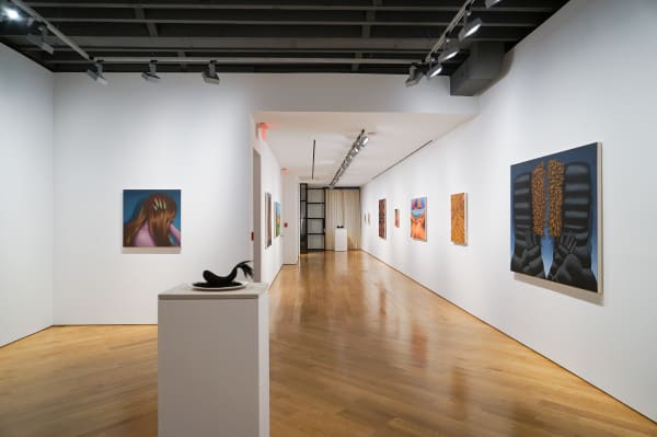 Installation view of Julie Curtiss's solo show at the gallery featuring paintings and sculptures. Many works featured.