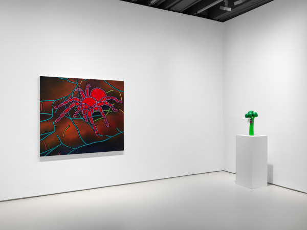 Installation view of "11".a group exhibition of artists at the gallery. Here, Arthur Pena's oil painting of a spider titled Attempt 194 is juxtaposed with Hein Koh's sculpture Eat Me.