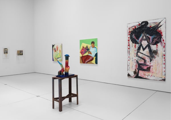 Installation view of the gallery's exhibition 'Old Technology.' A group exhibition--the first after closures due to the pandemic. Pessoli sculpture with four additional paintings.