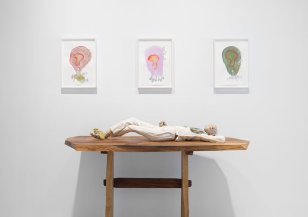 Installation view of the gallery's exhibition 'Old Technology.' A group exhibition--the first after closures due to the pandemic. Close up of Francis Upritchard's three paintings and sculpture.