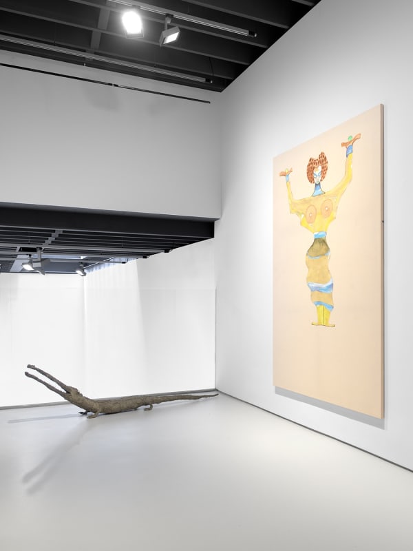 Second floor with Francis Upritchard's crocodile and Lothar Hempel's raw painted canvas.