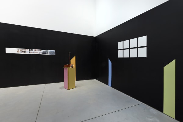 Installation view of Manfred Pernice's exhibition of sculptures involving architecture language. Corner.
