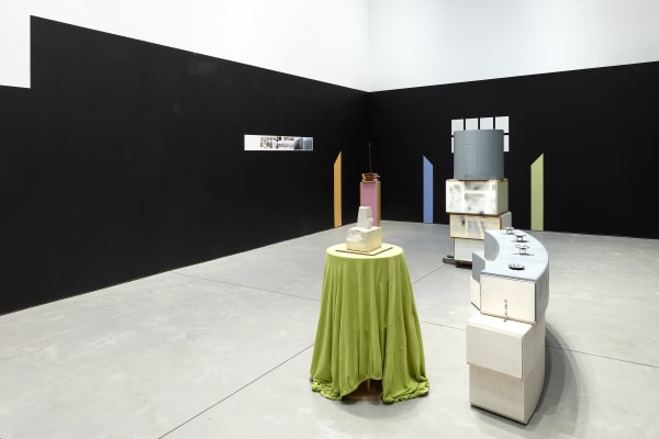 Installation view of Manfred Pernice's solo exhibition of sculptures involving architecture language.