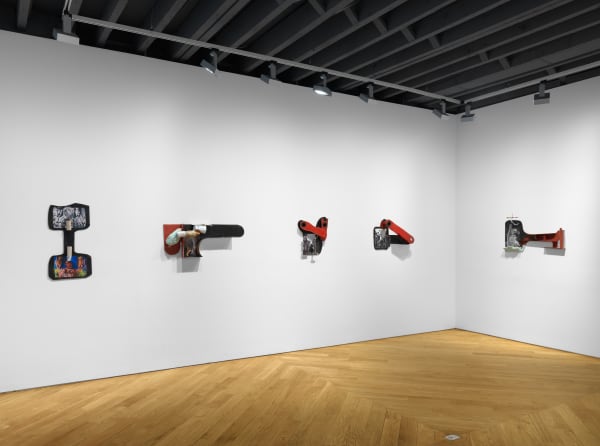 Installation view on the gallery's third floor of collages, which are 3 dimensional, unique, and vary in shape and content. Four works featured here.