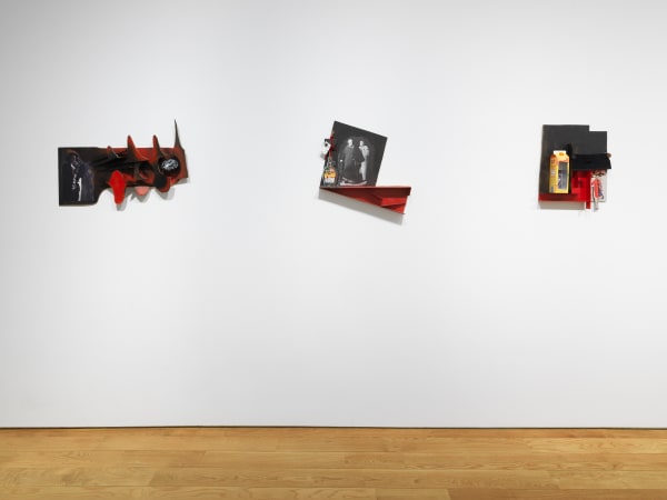 Installation view on the gallery's third floor of collages, which are 3 dimensional, unique, and vary in shape and content. Three works featured.