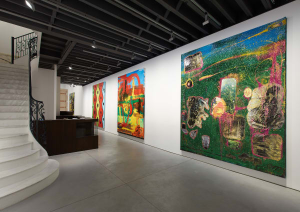 Installation view of Chris Martin's solo show. Multiple works shown.