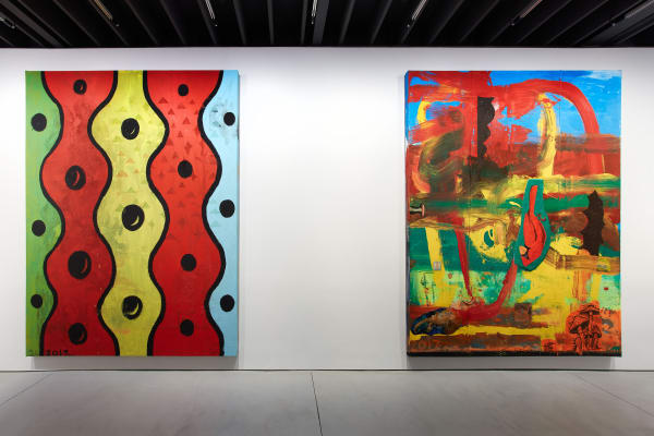 Installation view of Chris Martin's solo show. Two large works presented.