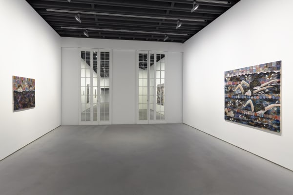Installation view of frozen show, featuring one of Gronemeyer's works besides two french doors.