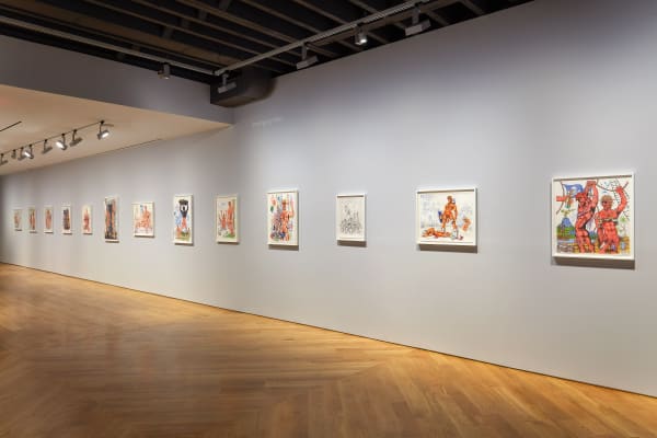 Installation view of Drawings by Mike! a solo show featuring Mike Kuchar's works. Many works presented.