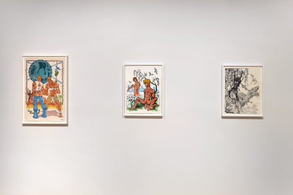 Installation view of Drawings by Mike! a solo show featuring Mike Kuchar's works. Three drawings featured.
