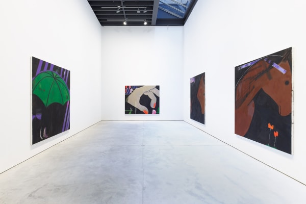 Installation view of Ellen Berkenblit's solo show. Multiple works featured in main room of first floor.