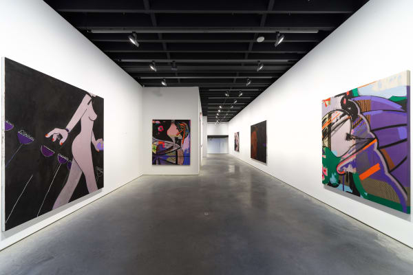 Installation view of Ellen Berkenblit's solo show. Second floor view from front of gallery.