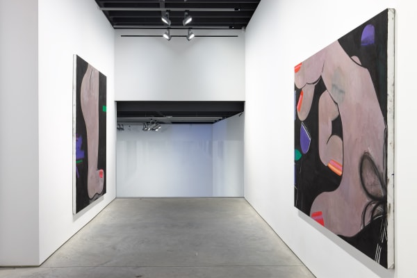 Installation view of Ellen Berkenblit's solo show. Two works overlooking the first floor.,