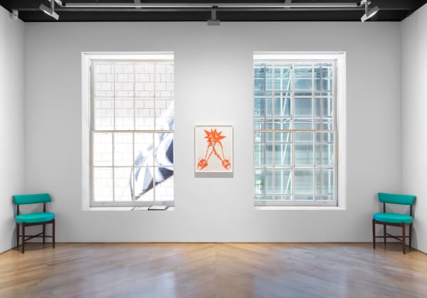 Installation view of Bendix Harms solo show titled Amen. One work shown next to third floor windows.