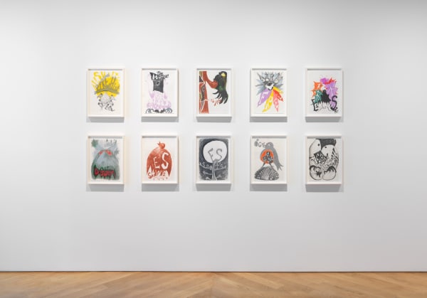 Installation view of Bendix Harms solo show titled Amen. Ten colored pencil drawings featured.